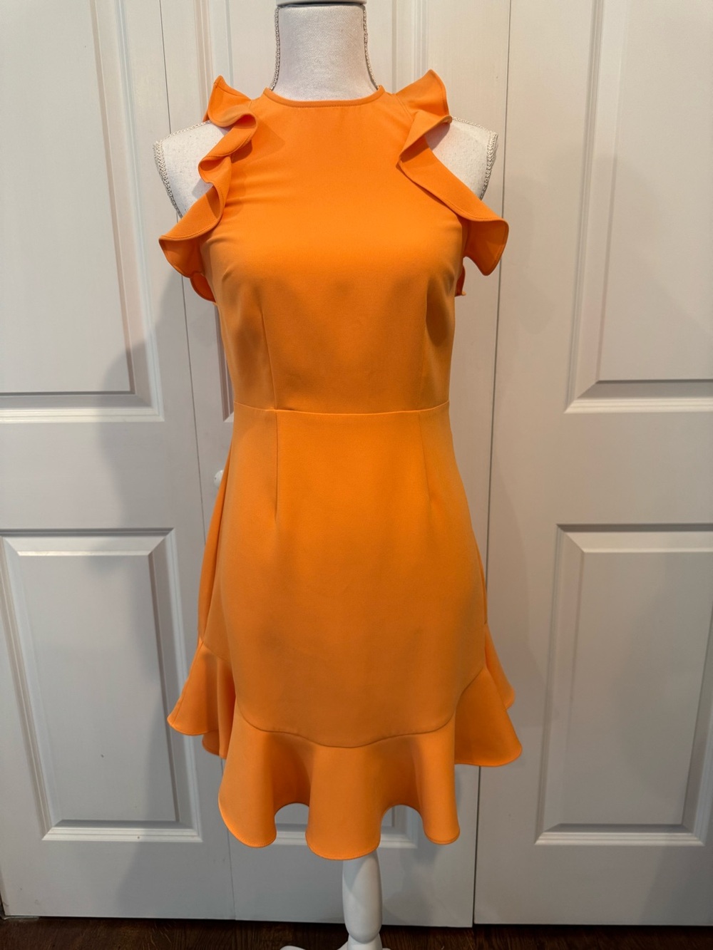 LIKELY Coral Orange Ruffle Asymmetrical Hem Cocktail Dress Size 4